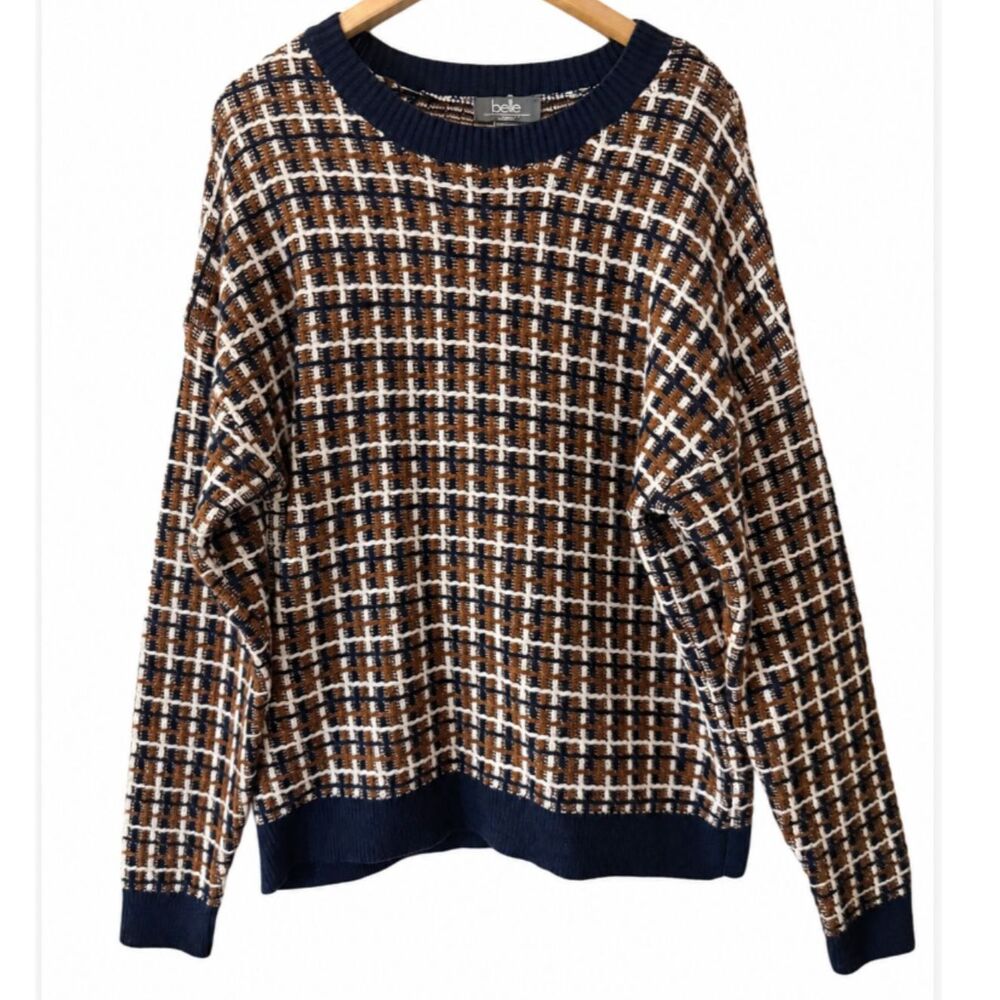 Belle by Belldini Womens XL Plaid Tweed Knit Crewneck Pullover Sweater
